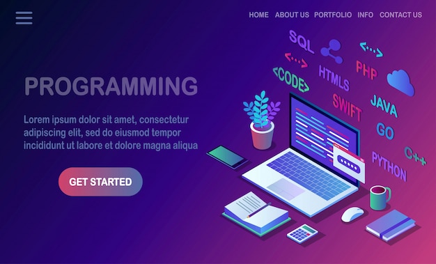 Software development, programming language, coding. 3d isometric laptop, computer with digital application isolated on white background. design