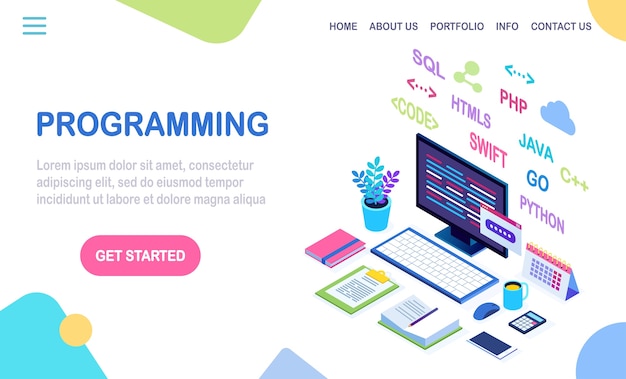 Software development, programming language, coding.  isometric laptop, computer with digital application  on white background.