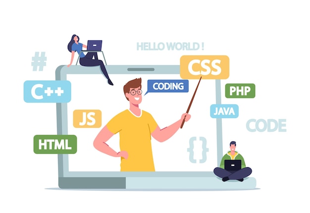 Software Development Studying. Tutor Explain to Students Programmers Programming Courses from Huge Laptop Monitor. Tiny Characters Study during Online Webinar. Cartoon People Vector Illustration