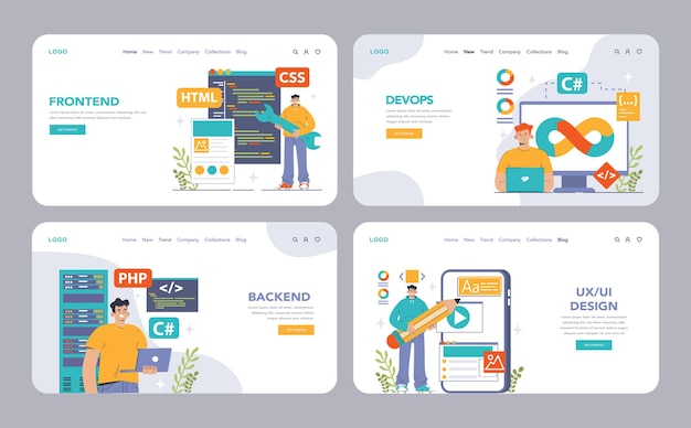 Software development web banner or landing page set coding backend and frontend engineering or