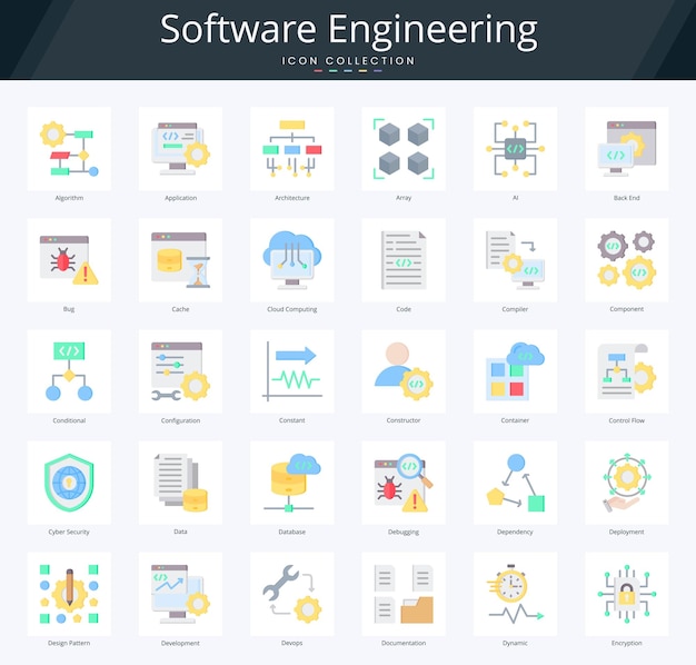 Software engineering flat icon pack for devops and programming development