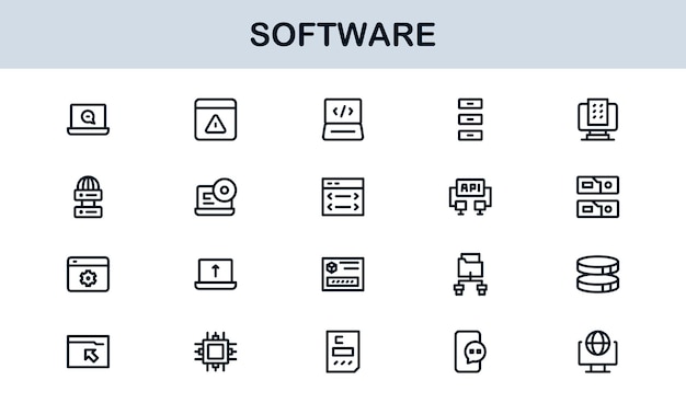 Software icon set highlighting program management app functionality and system integration tasks