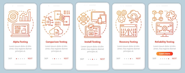 Software performance testing orange onboarding mobile app page screen vector template