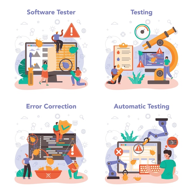 Software tester concept set. Application or website code testing. Software development and debugging. IT specialist searching for bugs. Idea of computer technology. Isolated flat vector illustration