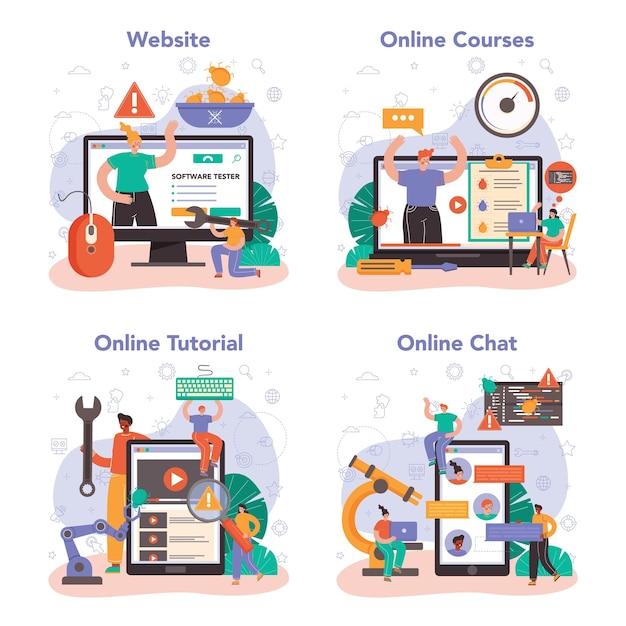 Software tester online service or platform set. Application or website code testing. Software development and debugging. Online course, tutorial, chat, website. Flat vector illustration