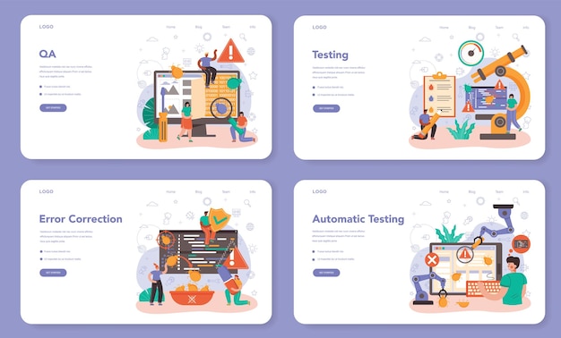 Software tester web banner or landing page set. Application or website code testing. Software development and debugging. IT specialist searching for bugs. Isolated flat vector illustration