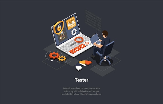 Software Testing And IT Professions IT Software Application Testing Quality Assurance Debugging IT Specialist Searching For Bugs In Code And Correcting Errors Isometric 3d Vector Illustration