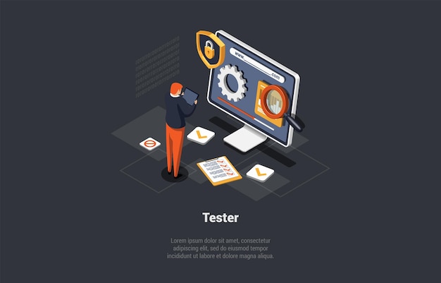 Software Testing And IT Professions Software Application Testing Quality Assurance Debugging IT Specialist Tester Searching For Bugs In Code Correcting Errors Isometric 3d Vector Illustration