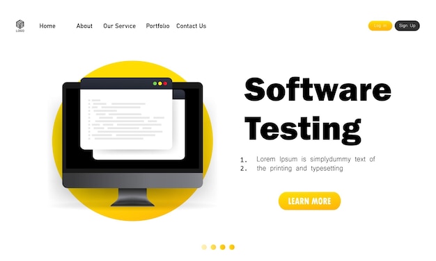 Software testing banner and development, programming, coding on computer illustration.