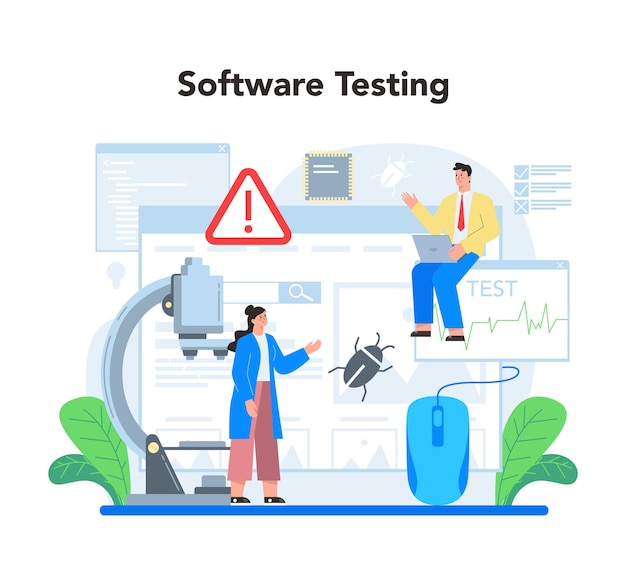 Software testing concept Application or website code test process IT specialist searching for bugs Idea of computer technology Digital analysis Vector illustration in cartoon style
