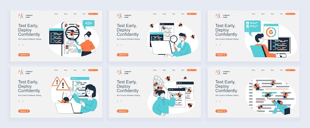 Software testing concept of landing page with slide templates set in flat design Website headers with people find and fixing bugs in program code do quality assurance analysis Vector illustrations