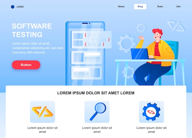 Software testing flat landing page. Engineer debugging mobile application web page.