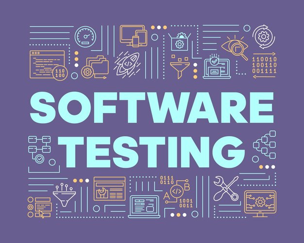 Software testing violet word concepts banner. Examine computer system. Detect problems. Presentation, website. Isolated lettering typography idea with linear icons. Vector outline illustration