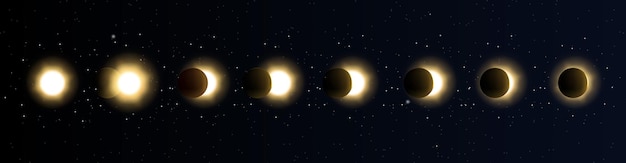 Solar eclipse in different phases Cosmos with moon stars and sun in total and partial solar eclipse