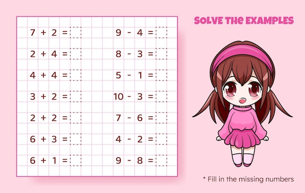 Solve the examples Addition and subtraction up to 10 Mathematical puzzle game Worksheet