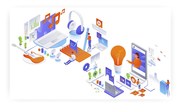 Song writer video blogger flat vector isometric illustration music production blogging vlogging