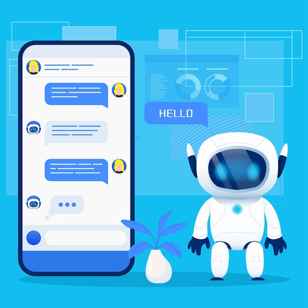 söpö chat-robotti, chatbot, hahmomaskotti älypuhelimella sinisellä taustalla