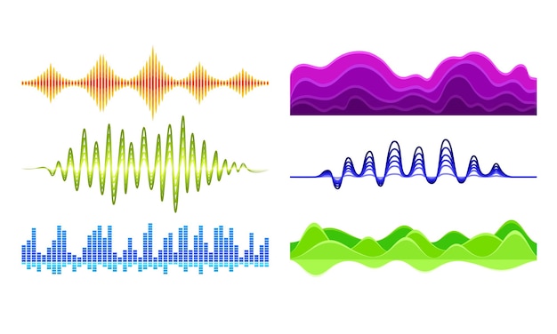 Sound Frequency Waves Vector Set Audio Equalizer Sound in Various Shapes and Colors Soundtracks Reproduction Concept