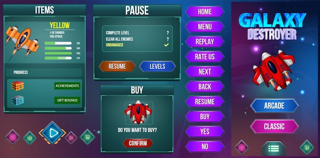 Space shooter Planes fire fighter game ui  with popups screens menus
