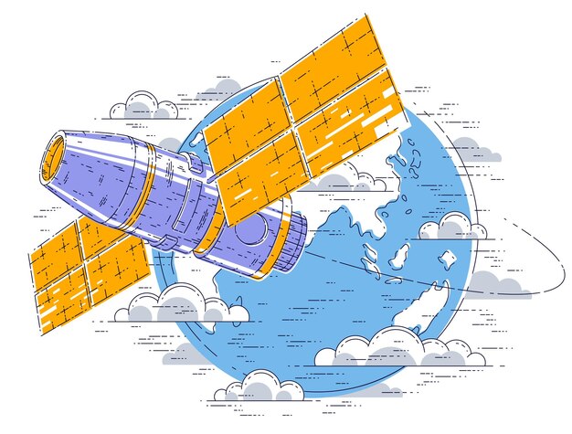 Space station flying orbital spaceflight around earth, spacecraft spaceship iss with solar panels, artificial satellite. Thin line 3d vector illustration.