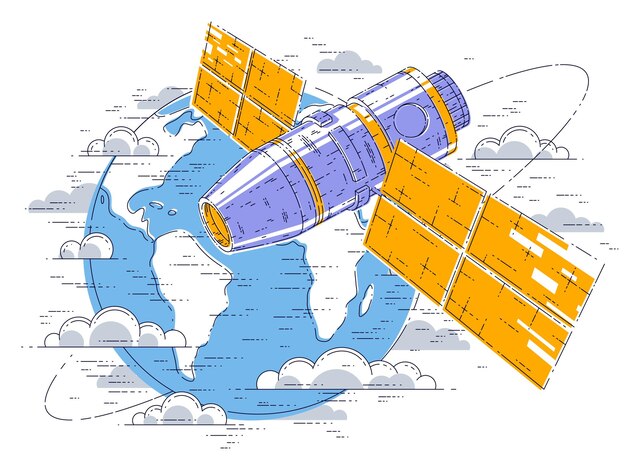 Space station orbiting around earth, spaceflight, spacecraft spaceship iss with solar panels, artificial satellite. Thin line 3d vector illustration.