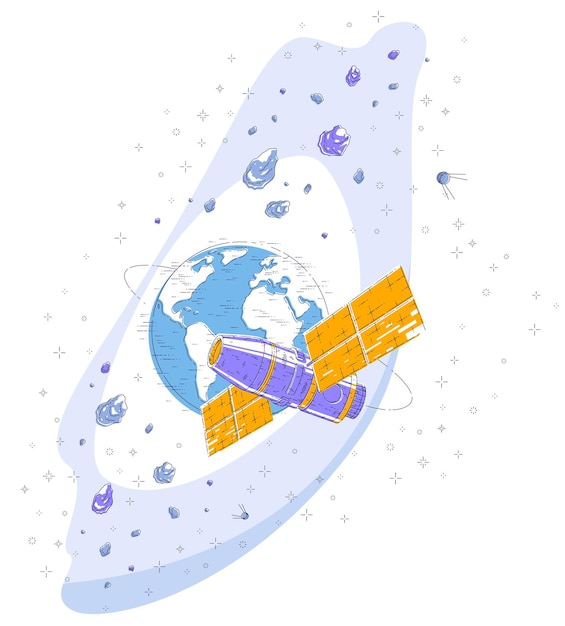 Space station orbiting around earth, spaceflight, spacecraft spaceship iss with solar panels, artificial satellite, under asteroid rain and stars. Thin line 3d vector illustration.