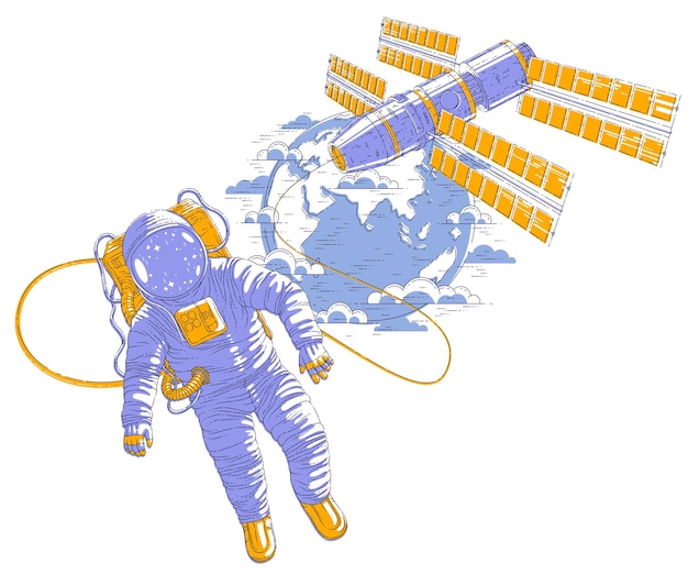 Spaceman flying in open space connected to space station and earth planet in background, astronaut man or woman in spacesuit floating in weightlessness and iss spacecraft behind him. Vector.