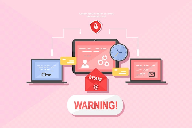 Spamming mailbox concept user data on the screen of a monitor Email box hacking spam warning Vector illustration