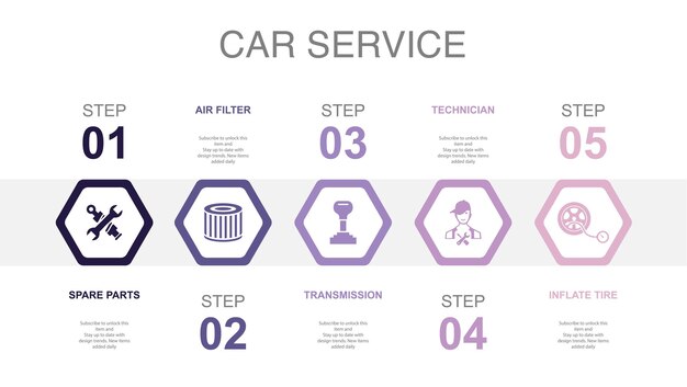 spare parts air filter transmission technician inflate tire icons infographic design layout template creative presentation concept with 5 steps