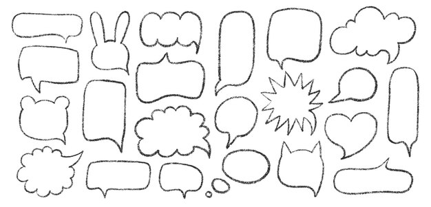 Speech bubble set with handdrawn chalk outlines on black background crayon style shapes for comic