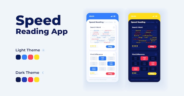 Speed reading app cartoon smartphone interface  templates set. Mobile app screen page day and night modes . Comprehension exercise UI for application. Phone display with  illustrations