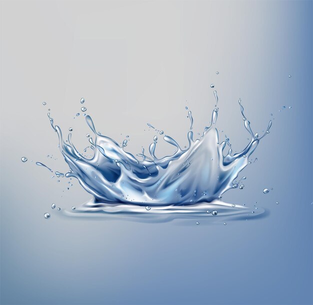 Splash on water surface 3d realistic blue liquid crown frozen motion with droplets and waves
