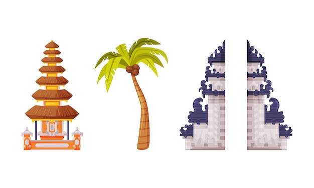 split gateway palm tree and pagoda as bali traditional cultural attribute vector set