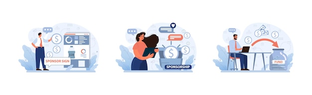 Sponsorship set professionals explore funding avenues man showcases online donations woman navigates
