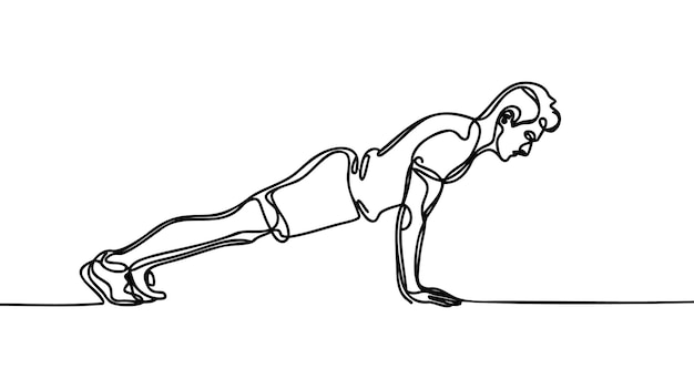Sports man doing push ups vector map illustration isolated on a white background One continuous line