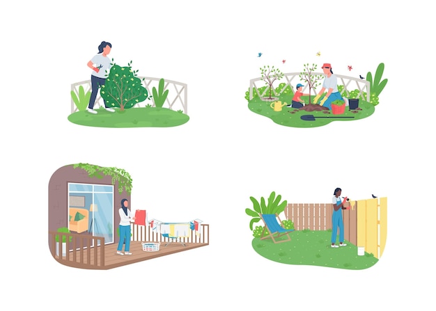 spring garden maintenance flat color faceless character set