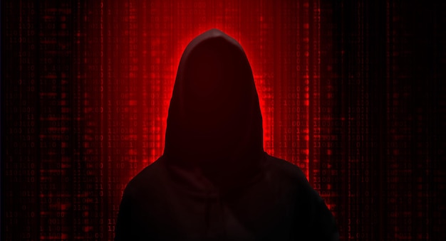 Spy agent, hacker. Mysterious man on dark red background