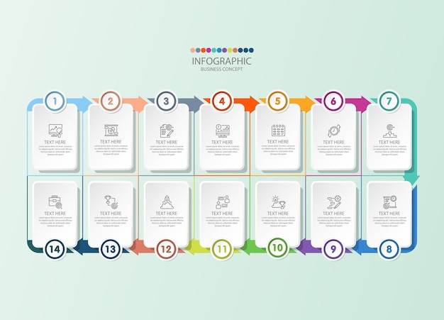 square infographic with 14 steps, process or options.