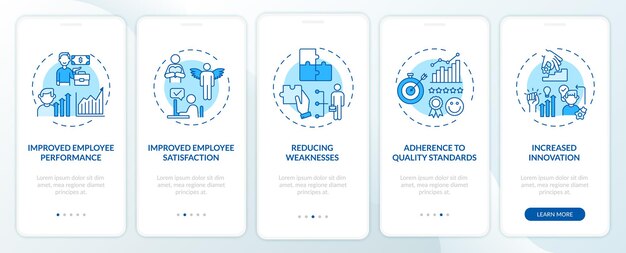 staff development benefits onboarding mobile app page screen with concepts