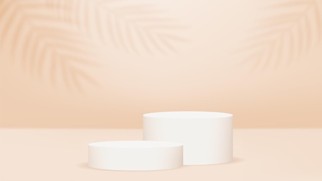 Stages or cylinder platforms or pedestals Palm leaves on the wall