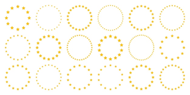 Stars of various sizes arranged in a circle Round frame border Yellow star shape simple symbol Design element ornament Vector illustration