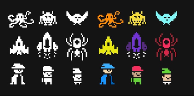Starship and monsters pixel art 1bit icon set black and white emoji heart apple and cherry Isolated