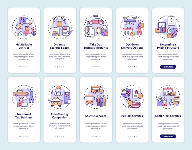 Start delivery business onboarding mobile app screen set. Service walkthrough 5 steps graphic instructions pages with linear concepts. UI, UX, GUI template. Myriad Pro-Bold, Regular fonts used