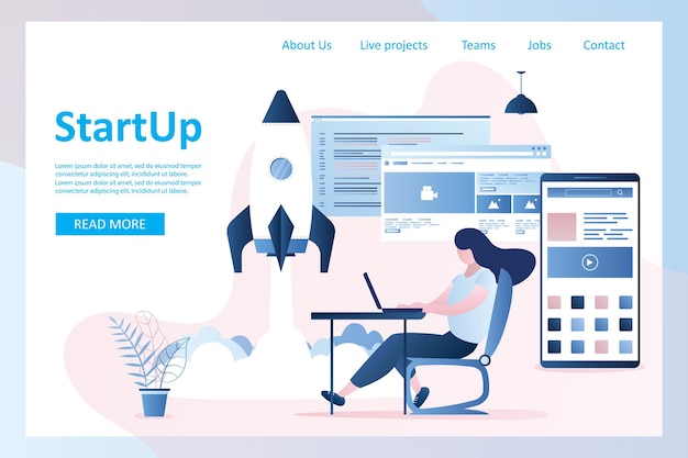 Start up landing page rocket take off girl programmer with laptop mobile phone application software