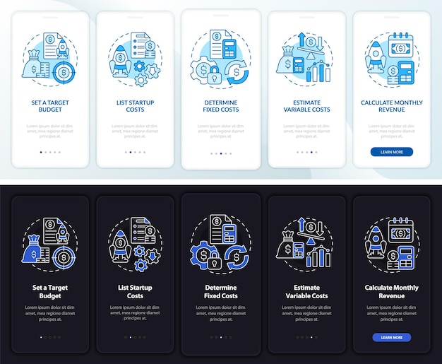Startup budgeting night and day mode onboarding mobile app screen