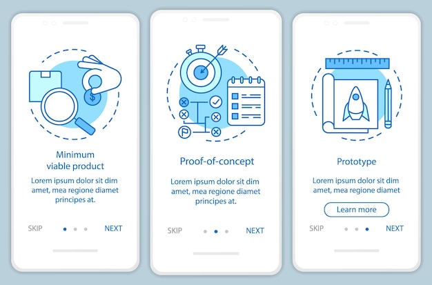 Startup testing onboarding mobile app page screen with linear concepts. Product test. MVP, POC, prototype walkthrough steps graphic instructions. UX, UI, GUI vector template with illustrations