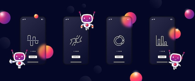 Statistical diagrams set icon Bar pie chart arrow statistics arrow infographics Business concept Glassmorphism UI phone app screens with robots Vector line icon for Business and Advertising