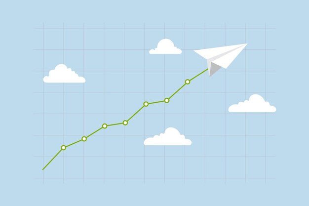 Stock market soaring paper plane pulls up a line chart heading for the clouds
