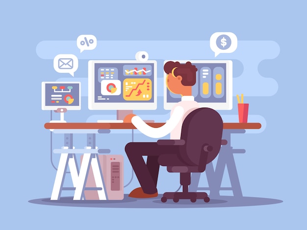 Stock trader sits in an armchair and looking at the graphics market fluctuations