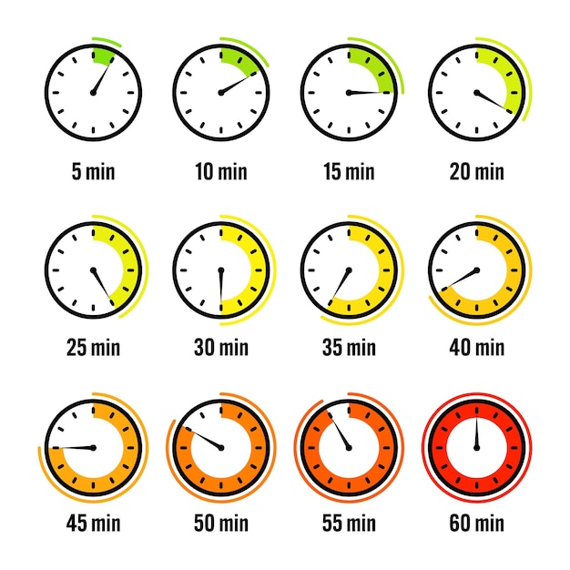 Stopwatch icons Colorful simple chronometer time counter with dial Countdown timer showing hours and minutes Deadline measurement for sport Cooking time label sticker Vector illustration